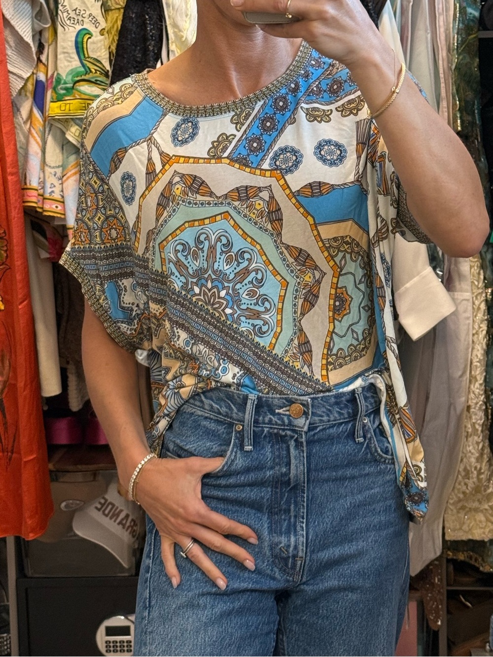 Hale Bob Scarf-Print Short Sleeve Blouse in Blue and Cream